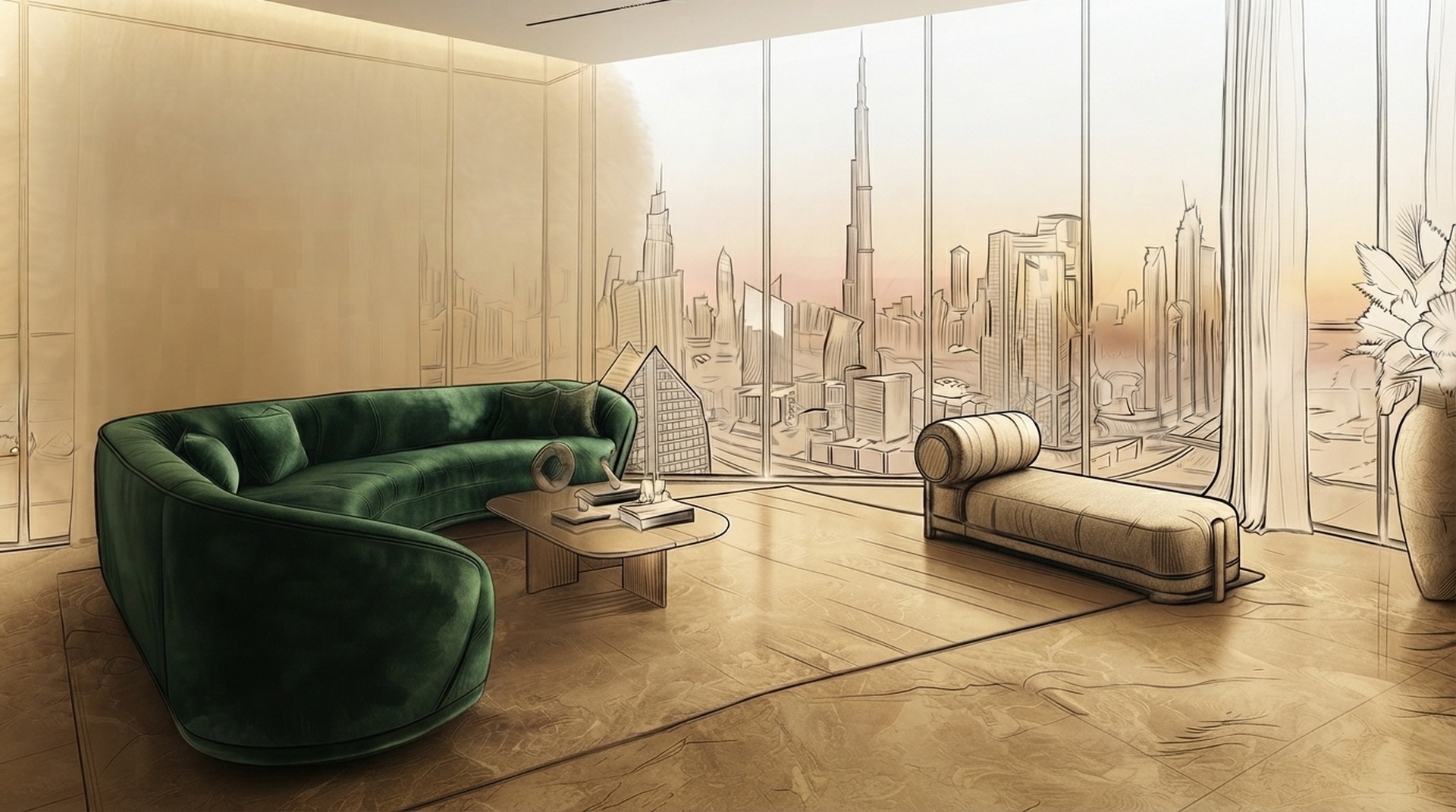 Sunlit Dubai living room with floor to ceiling windows framing the Burj Khalifa skyline, cared for by MELLS