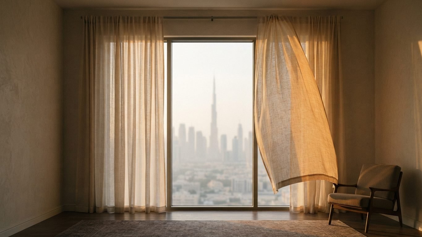 Afternoon light through linen curtains in a Dubai villa, air kept clean by MELLS