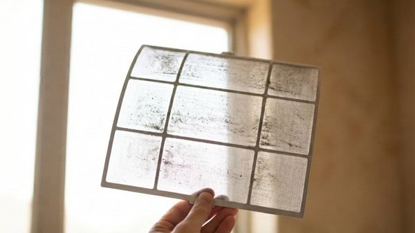 A clogged air conditioning filter held up to the light before cleaning in a Dubai apartment