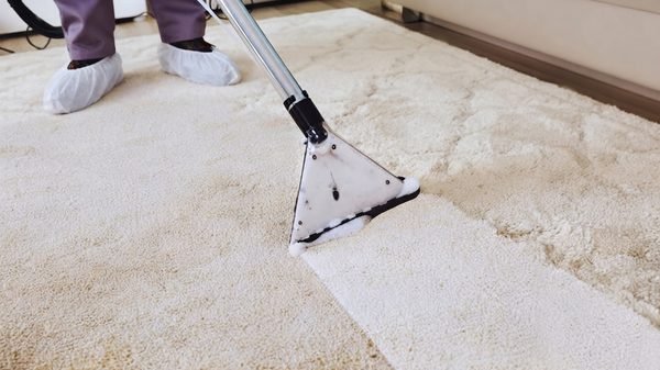 A carpet extraction head part way across a cream carpet, showing the cleaned strip beside the untouched pile