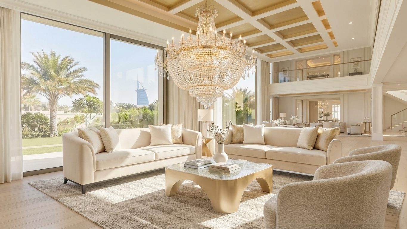A crystal chandelier in a double height Dubai villa, cleaned by MELLS