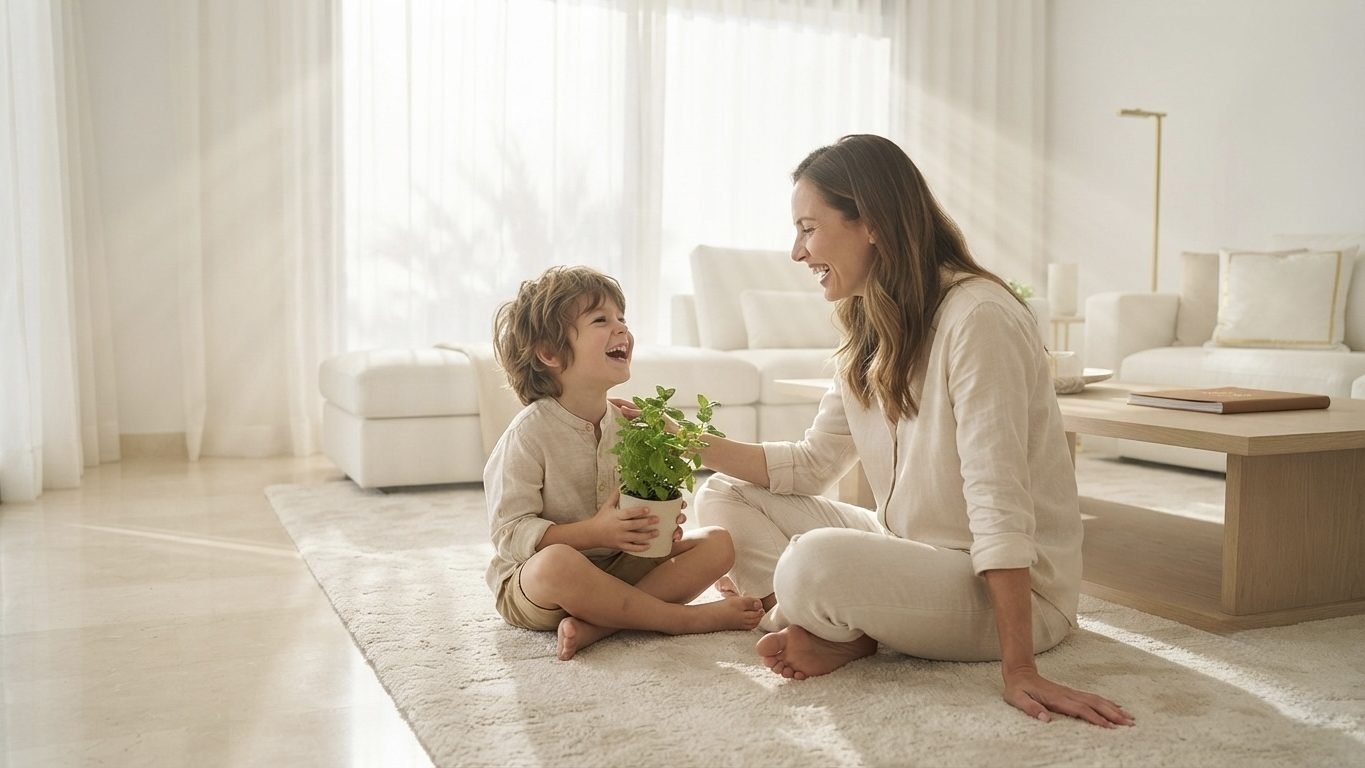 A mother and child in a bright Dubai living room with clean indoor air