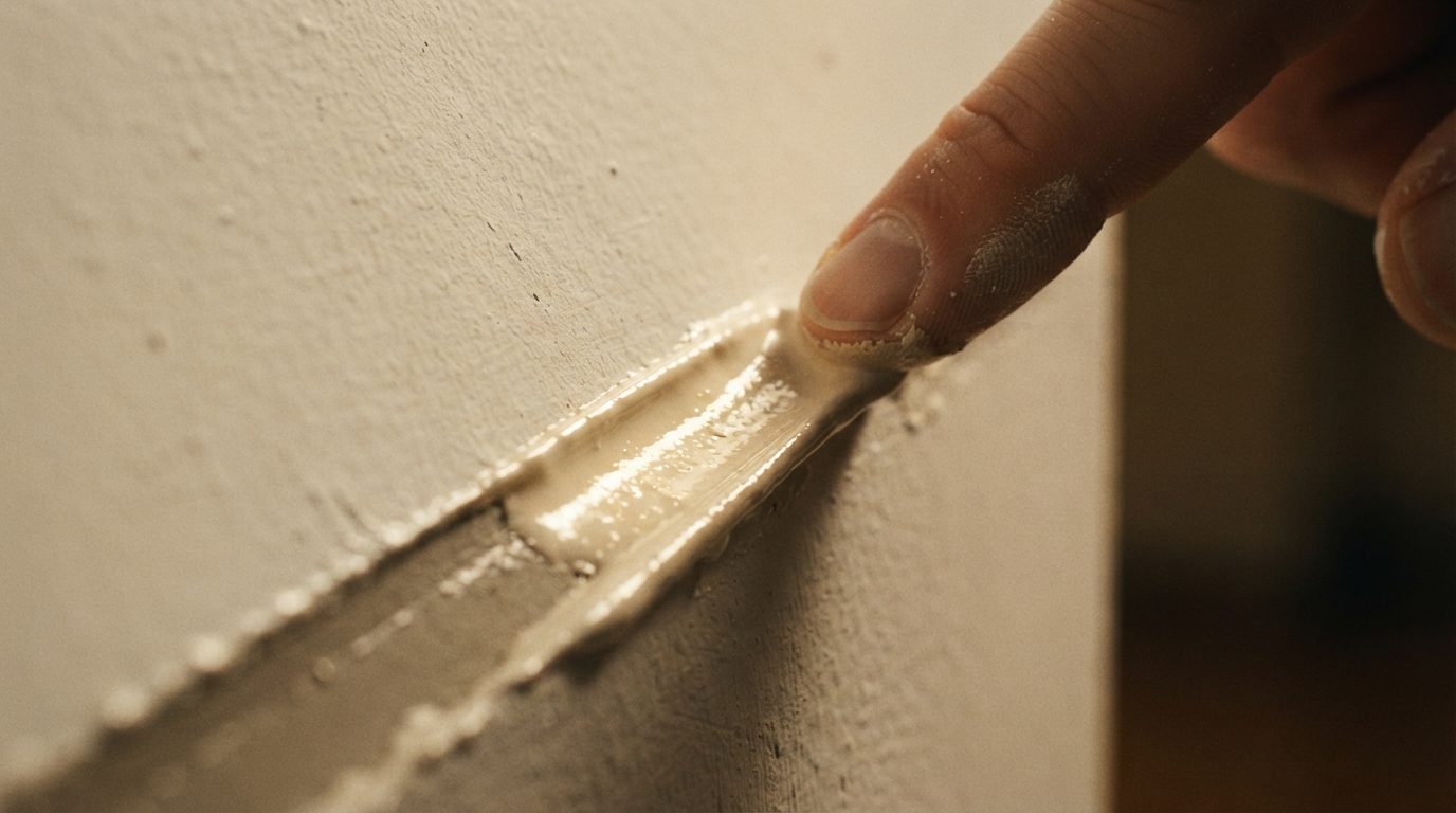 Filler being smoothed into a wall joint before painting by MELLS in District One