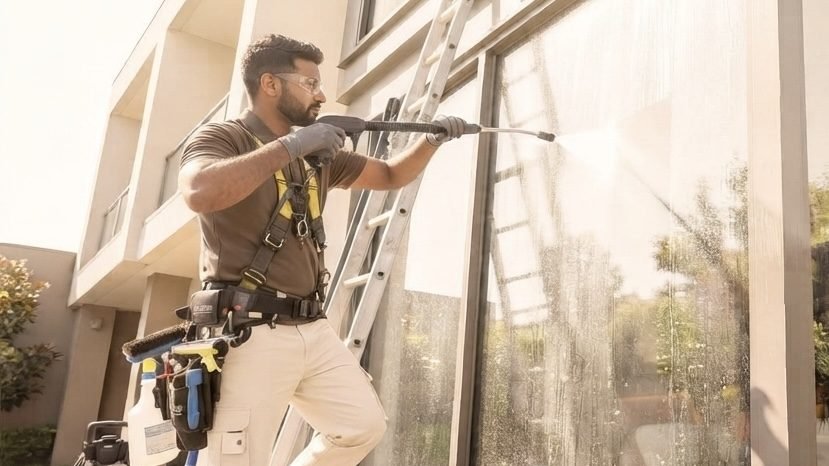 Exterior glass being washed at a Dubai villa by MELLS