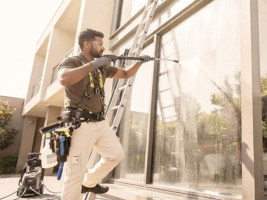 Facade pressure washing at a Dubai villa by MELLS