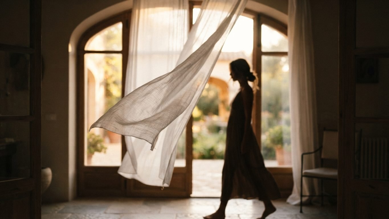 A woman walking through a sunlit villa doorway with linen curtains lifting in the breeze