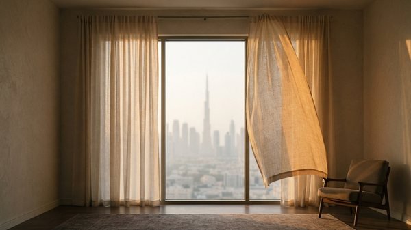 Sunlit Dubai apartment with linen curtains drawn back and clean moving air