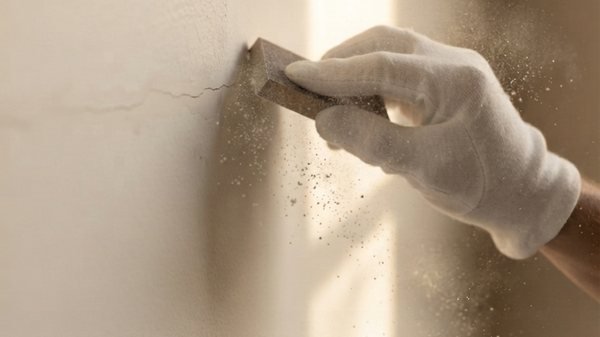 MELLS painter filling and sanding a wall before priming in a Dubai apartment