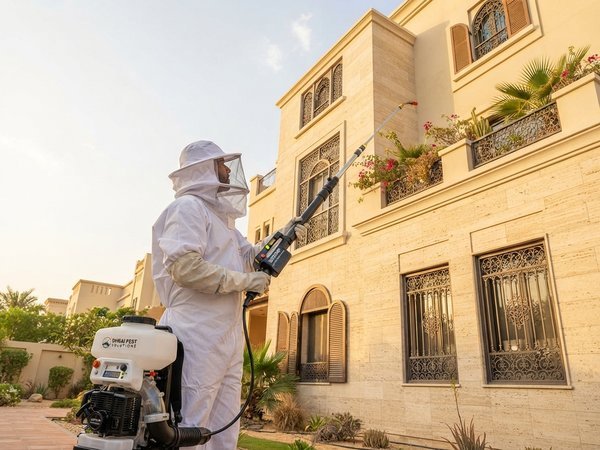 MELLS pest control licensed technician treating the exterior of a Dubai villa
