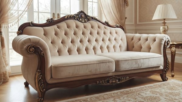 A cream tufted sofa with carved wooden detail in a Dubai sitting room, cleaned and dry
