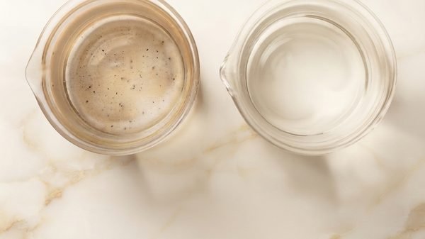 Two glasses side by side, one holding cloudy water drawn before a tank clean and one holding clear water drawn after