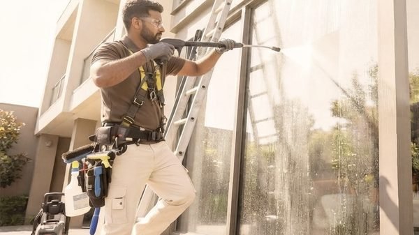 Exterior glass and window frames being washed on a Dubai villa